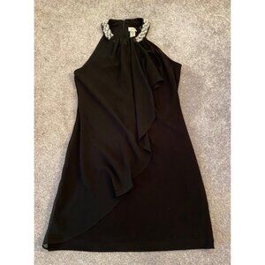 Cache Black Sleeveless Halter Dress Beaded Collar & Draped Overlay Size 2